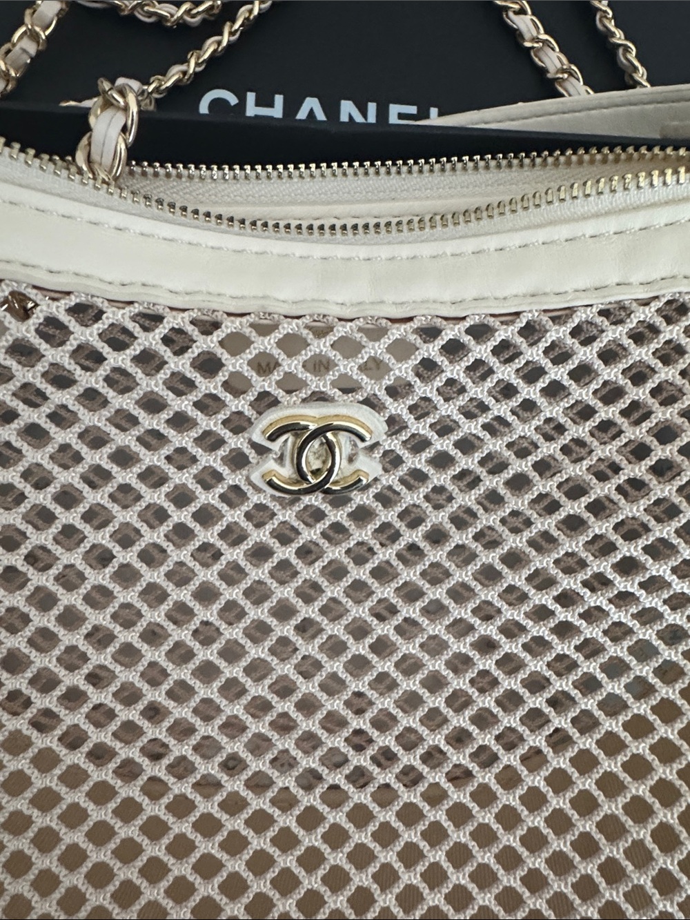 GWP Beige Mesh Half-Moon Chain Shoulder Bag - Picture 3 of 9